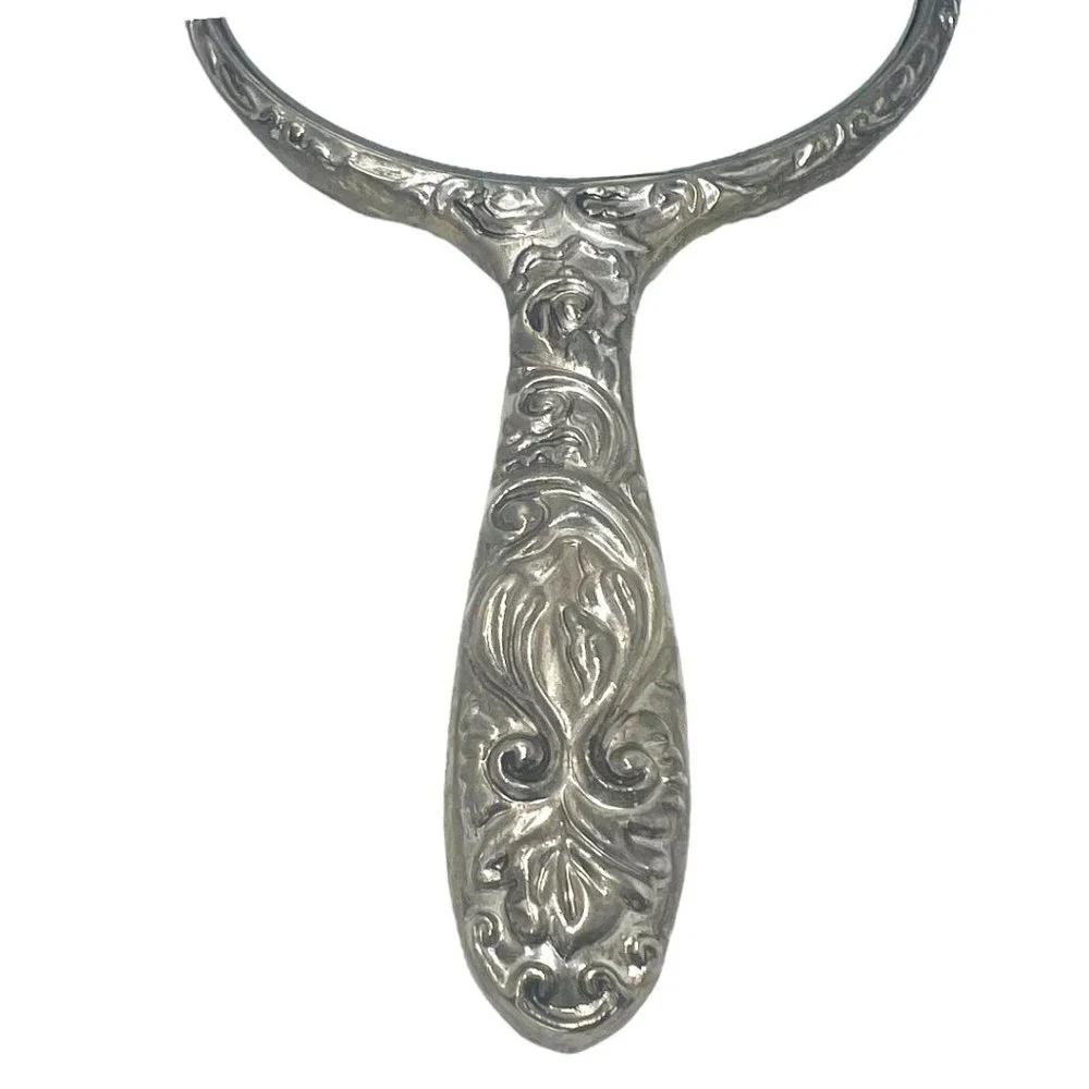 Antique Silver Plated Vanity Mirror, Embossed Handheld Mirror